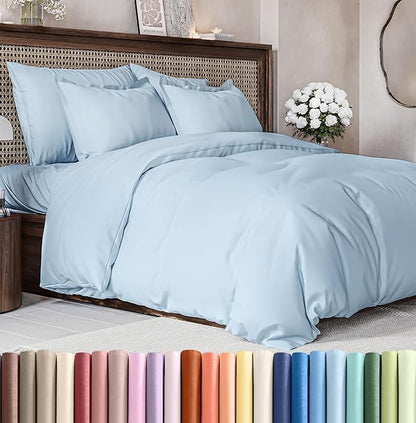 Duvet Cover Queen Size Set - Extra Soft Queen Duvet Cover 90" x 90" with 2 Pillow Shams - Hotel Luxury, Easy Care & Fade Free w/ Zipper Closures & Ties - All Season, Comfy & Breathable (Light Blue)