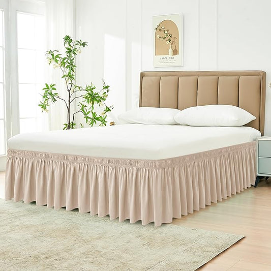 Biscaynebay Wrap Around Bed Skirts for King & Cal King Beds 17" Long Drop, Sand Adjustable Elastic Dust Ruffles Easy Fit Wrinkle Resistant Silky Luxurious Fabric Machine Washable