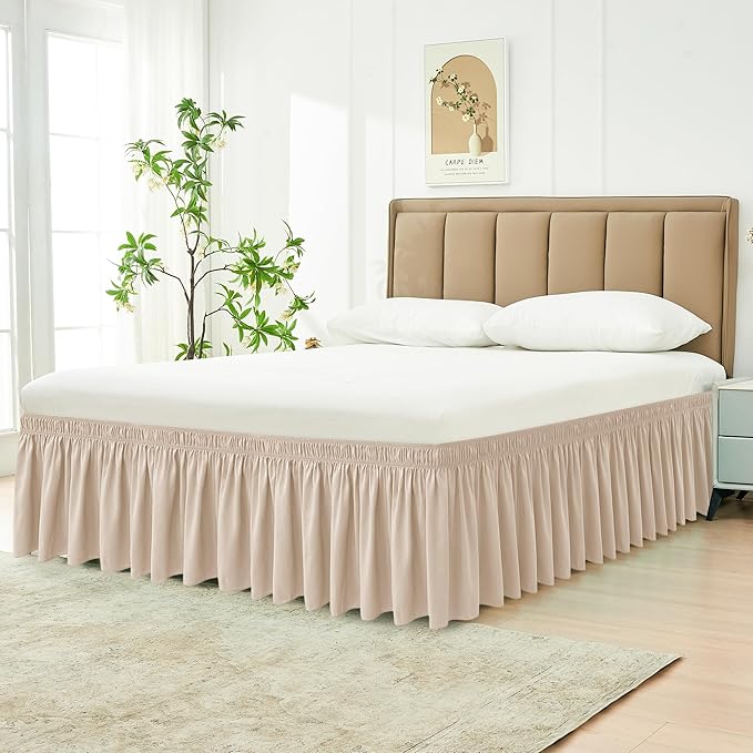 Biscaynebay Wrap Around Bed Skirts with Adjustable Belts for King & Cal King Beds 15" Drop, Sand Elastic Dust Ruffles Easy Fit Wrinkle Resistant Silky Fabric Machine Washable