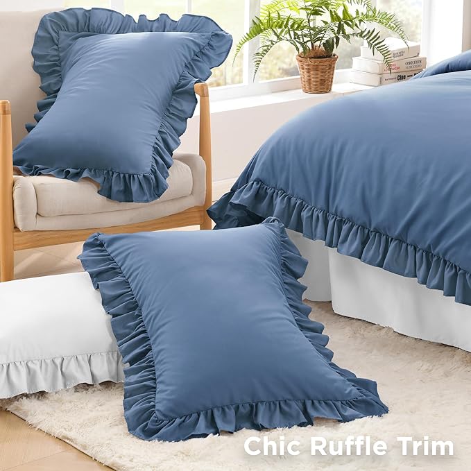 Litanika Ocean Blue Queen Comforter Set, 3 Pieces Ruffle Farmhouse Aesthetic Bedding Comforter Set, All Season Soft Lightweight Fluffy Microfiber Bed Set(90x90In Comforter, 2 Pillowcases)