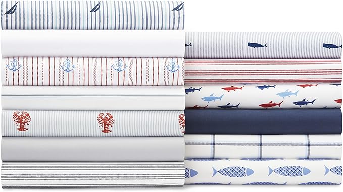 Nautica - Queen Sheets, Cotton Percale Bedding Set, Crisp & Cool, Coastal Home Decor (Beaux Stripe Navy, Queen)