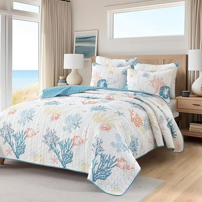 HORIMOTE HOME Coastal Quilt Bedding Set Queen Size, Reversible Summer Beach Quilt Lightweight Ocean Nautical Comforter Tropical Bedspread Coverlet with 2 Pillow Shams for All Seasons (90"x96")