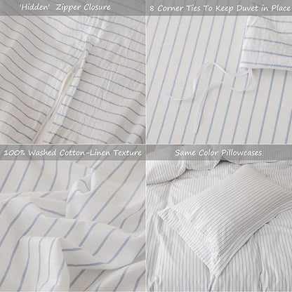 Stripe Linen Feel Duvet Cover King Size 104inch x 90inch,100% Washed Cotton Duvet Cover with Zipper Closure and 2 Pillowcases, Stripe of White-Cornflower Blue
