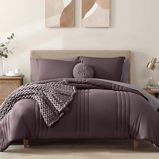 Monbix California King Size Comforter Set - 7 Pieces Bed in a Bag California King, Plum Bedding Sets with Comforter, All Seasons Comforter Bed Set with Sheets, Pillowcases & Shams