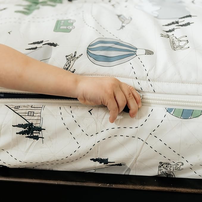 Beddy's Adventure & Wildlife Theme Durable Zipper Bedding for Kids, Bed in a Bag, Cream Comforter & Charcoal Sheets with Outdoor Explorer Design, Includes Pillowcase & Pillow Sham, Easy to Make & Wash