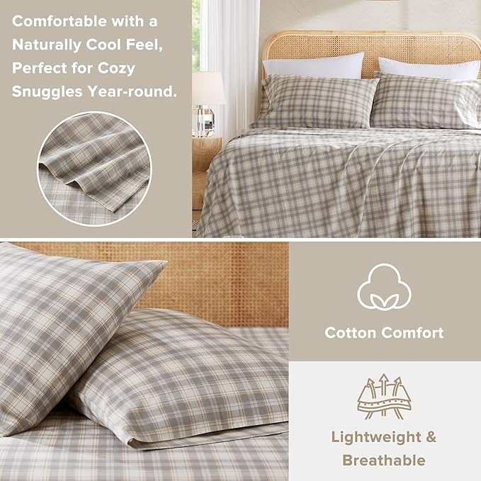 Comfort Spaces 100% Cotton Sheets Queen, Breathable, Naturally Cool Cotton Sheets, Soft Cotton Bed Sheets with 14" Elastic Pocket Fits up to 16" Mattress, All Seasons Sheet Set, Wesley Taupe 4 Piece