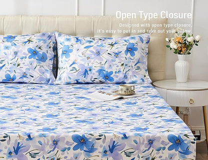 Sunflower Queen Pillowcases Set of 2, 100% Cotton Queen Size Pillow Cases 2, 20×30 inches Blue Bloom, Soft and Breathable
