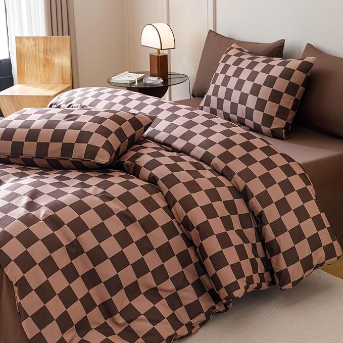 Luxlovery Brown Plaid Comforter Set Queen Coffee Grid Bedding Comforter Set Women Men Queen Size Soft Breathable Blanket Quilts Dark Brown Geometric 3pcs Bedding Set for Full Bed
