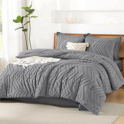 Litanika King Size Comforter Set with Sheets Medium Gray - 7 Pieces Bed in a Bag King Chevron Tufted Complete Bedding Sets with Comforter, Sheets, Pillowcases & Shams