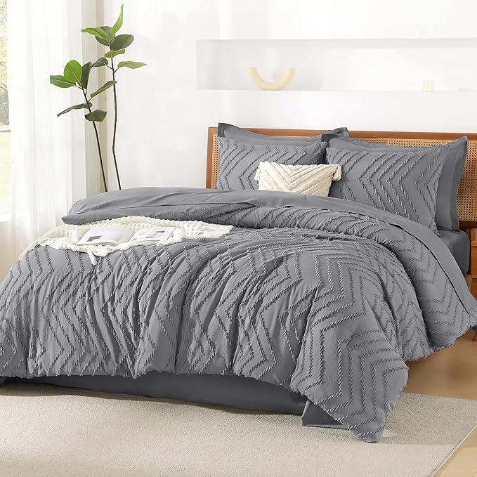 Litanika California King Size Comforter Set with Sheets Medium Gray - 7 Pieces Bed in a Bag Cal King Chevron Tufted Complete Bedding Sets with Comforter, Sheets, Pillowcases & Shams