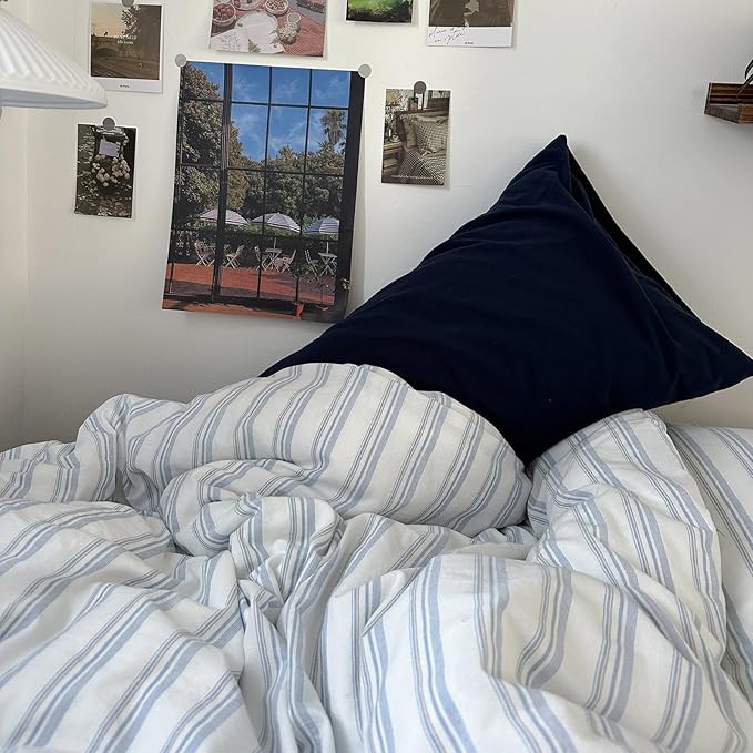 mixinni Vintage Light Blue & White Striped Comforter Set King Size - Soft Washed Cotton 3-Piece Bedding Set (1 Comforter + 2 Pillowcases), Retro Geometric Pattern, All-Season Breathable & Fluffy