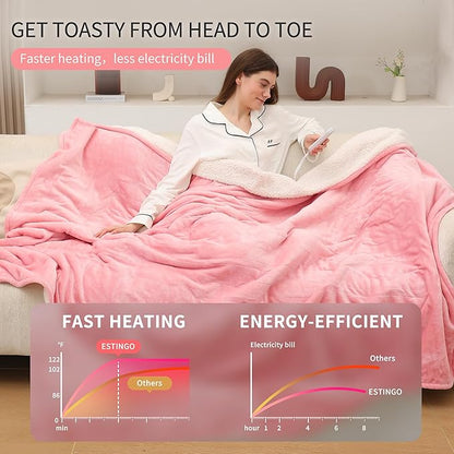 ESTINGO Heated Blanket Throw, Electric Throw Blanket with 5 Heating Levels & 4 Hours Auto Off, Soft Cozy Flannel Sherpa Electric Heated Blanket with ETL Certified for Office, 50"x60", Pale Pink