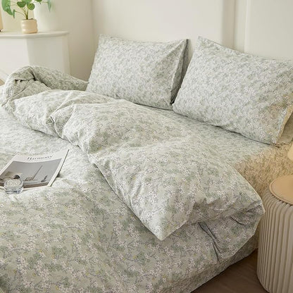 VM VOUGEMARKET Twin Duvet Cover Set with Green Flower Pattern,Pure Cotton Bedding Set Vintage Floral Prints Comforter Cover Conquette Cottagecore Bedding for Teen Girls