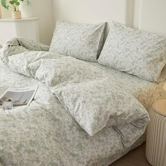 VM VOUGEMARKET Twin Duvet Cover Set with Green Flower Pattern,Pure Cotton Bedding Set Vintage Floral Prints Comforter Cover Conquette Cottagecore Bedding for Teen Girls