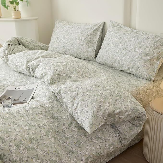 VM VOUGEMARKET Vintage Green Flower Duvet Cover Set Queen Fresh Botanical Bedding Set 100% Cotton Reversible Vintage Comforter Cover with Zipper&Ties
