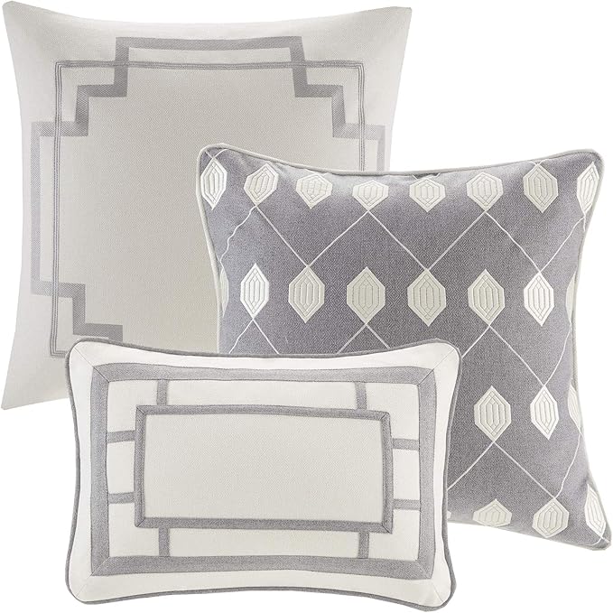 Madison Park Signature Cozy Comforter Set - All Season Bedding Combo Filled Insert and Removable Duvet Cover, Shams, Decorative Pillows, Queen (92 in x 96 in), Elegance Grey 9 Piece
