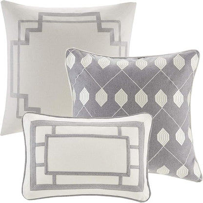 Madison Park Signature Cozy Comforter Set - All Season Bedding Combo Filled Insert and Removable Duvet Cover, Shams, Decorative Pillows, Queen (92 in x 96 in), Elegance Grey 9 Piece