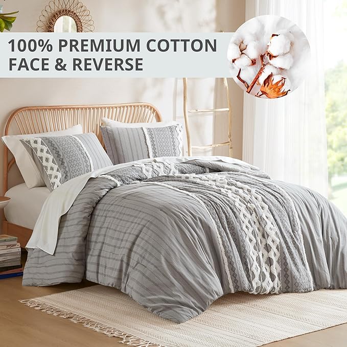 INK+IVY Comforter for Queen Size Bed, Chenille Tufted, Breathable Cotton Comforter Set Queen, All Season Modern Boho Comforter with Farmhouse Bedding Flare, 2 Matching Shams, Queen Gray 3 Piece