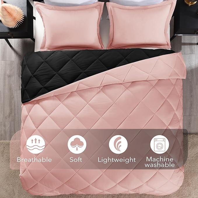 downluxe Queen Comforter Set - Pink and Black Queen Comforter, Soft Bedding Sets for All Seasons -3 Pieces - 1 Comforter (88"x92") and 2 Pillow Shams(20"x26")