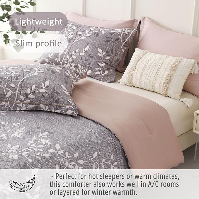 Vintage Gray Cotton Comforter Queen Size 3Pcs - Luxurious Design with White & Charcoal Branches Pattern, Elegant Dusty Pink Reversible Lightweight Bedding Sets with Soft Fill(90"×90")