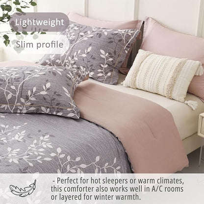 Vintage Gray Cotton Comforter Queen Size 3Pcs - Luxurious Design with White & Charcoal Branches Pattern, Elegant Dusty Pink Reversible Lightweight Bedding Sets with Soft Fill(90"×90")
