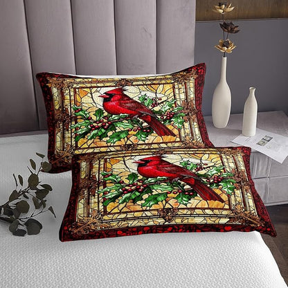 Christmas Cardinal Kids Bedspread Queen Size,Red Bird Poinsettia Flower Merry Christmas Coverlet Set,Boys Girls Room Decor,Glass Paint Geometric Quilted Coverlet,Xmas Bedding Quilt,2 Pillowcases