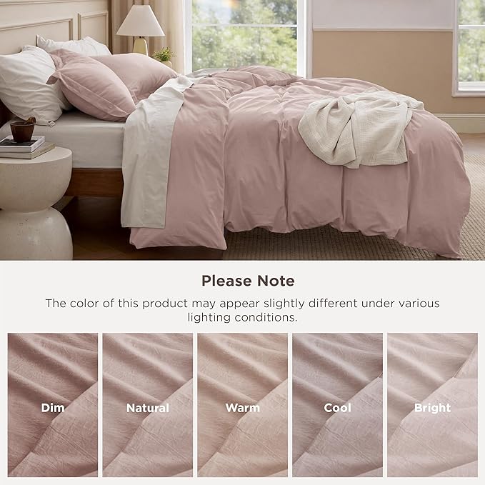 Bedsure 100% Washed Cotton Duvet Cover King Size - Petal Pink Minimalist Bedding Set Linen Like - PureWoven Plain Simple & Soft Comforter Cover for All Seasons (Petal Pink, King, 104"x90")