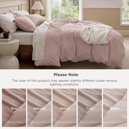 Bedsure 100% Washed Cotton Duvet Cover Twin Size - Petal Pink Minimalist Bedding Set Linen Like - PureWoven Plain Simple & Soft Comforter Cover for All Seasons (Petal Pink, Twin, 68"x90")