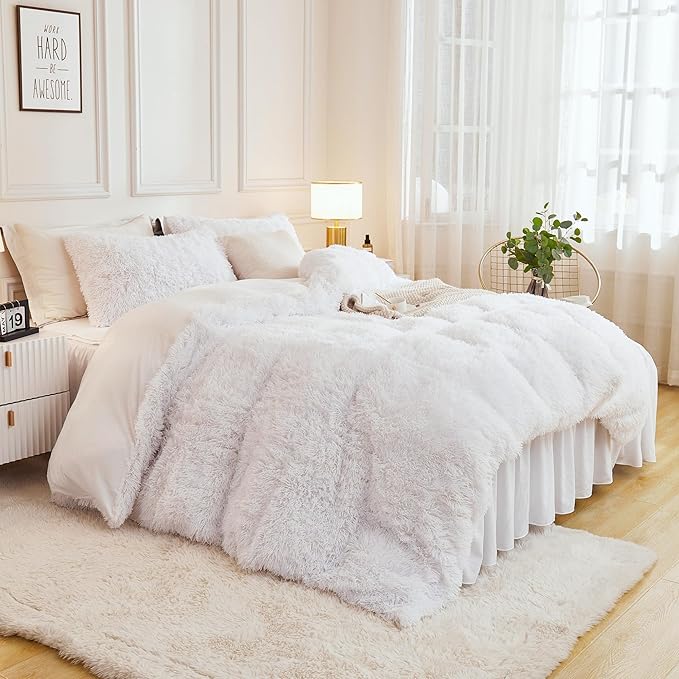 Andency Faux Fur White Comforter King Size, 3 Pieces Fluffy Fuzzy Plush Bedding Comforter Set (1 Shaggy Velvet Comforter & 2 Pillowcases), Soft Puffy Comfy Down Alternative Comforter Bedding Set