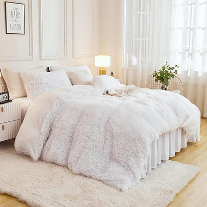 Andency Faux Fur White Comforter Queen Size, 3 Pieces Fluffy Fuzzy Plush Bedding Comforter Set (1 Shaggy Velvet Comforter & 2 Pillowcases), Soft Puffy Comfy Down Alternative Bedding Set