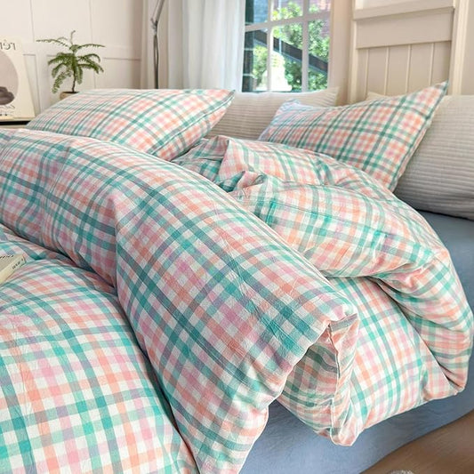 LifeTB Gingham Comforter Set Twin XL Multi-Colored Plaid Comforter Set 3 Pieces Checkered Grid Comforter with 2 Pillowcases Soft Fluffy Gingham Bedding Set Farmhouse Grid Bed Comforter Twin XL