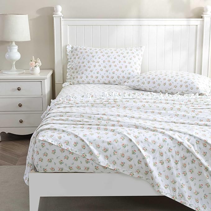 Laura Ashley - Twin XL Sheet Set, Crisp & Cool Cotton Percale Bedding with Deep Pockets, Lightweight for Year Round Comfort, Bed Sheets with Matching Pillowcase (Roseford Orange)