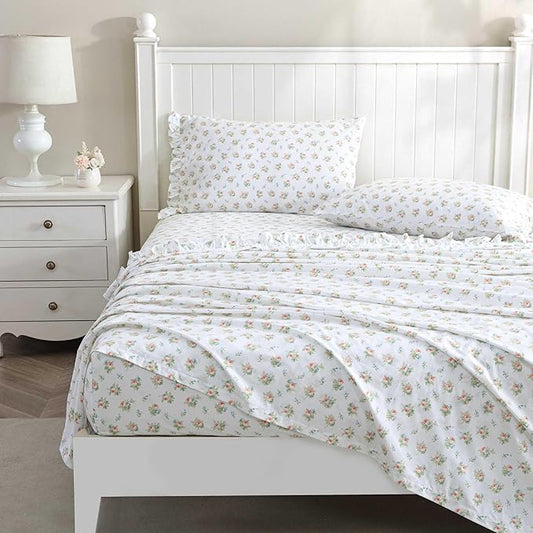 Laura Ashley - Twin XL Sheet Set, Crisp & Cool Cotton Percale Bedding with Deep Pockets, Lightweight for Year Round Comfort, Bed Sheets with Matching Pillowcase (Roseford Orange)
