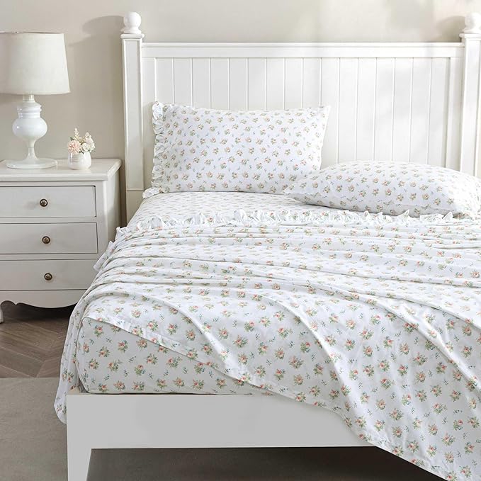 Laura Ashley - Full Sheet Set, Breathable Percale Cotton Bedding, 200 Thread Count, Floral Home Decor (Roseford Orange, Full)