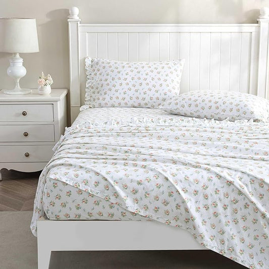 Laura Ashley - Full Sheet Set, Breathable Percale Cotton Bedding, 200 Thread Count, Floral Home Decor (Roseford Orange, Full)