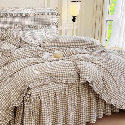 LifeTB Tan Gingham Comforter Set Twin XL Vintage Ruffle Taupe Plaid Checkered Comforter Set 3 Pieces Soft Fluffy Beige Grid Bed Comforter with 2 Pillowcases Farmhouse Gingham Bedding Set
