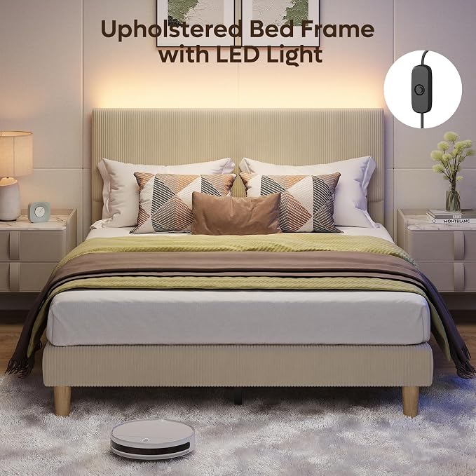 Bestier Queen Size Bed Frame with Headboard LED Lighting,Upholstered,Taupe | Easy Assembly,LED Lighting Headboard,No Squeaks,Vertical Channel Corduroy Upholstered,Wood Slats Support,No Box Spring Needed