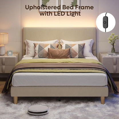 Bestier Queen Size Bed Frame with Headboard LED Lighting,Upholstered,Taupe | Easy Assembly,LED Lighting Headboard,No Squeaks,Vertical Channel Corduroy Upholstered,Wood Slats Support,No Box Spring Needed