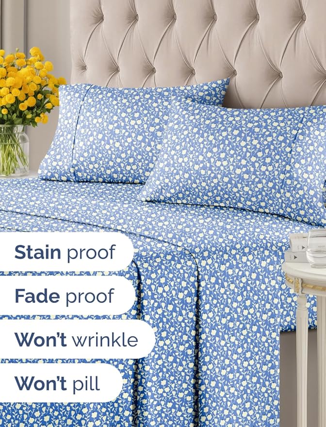 Floral Sheets - Blue & White Bed Sheet Set - 1 Flat, 1 Fitted & 2 Pillowcases w/ Deep Pockets - Comfy, Cozy, Wrinkle & Fade Free - Boho Botanical Bedding - Soft, Breathable & Cooling - Queen Size Set
