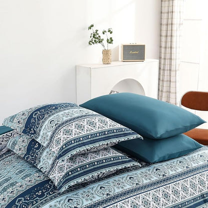 Cottolester Boho Full Size Comforter Set 8 Pieces, Teal Blue Comforter Bohemian Striped Bed in A Bag, Soft Microfiber Bedding Set for All Seasons