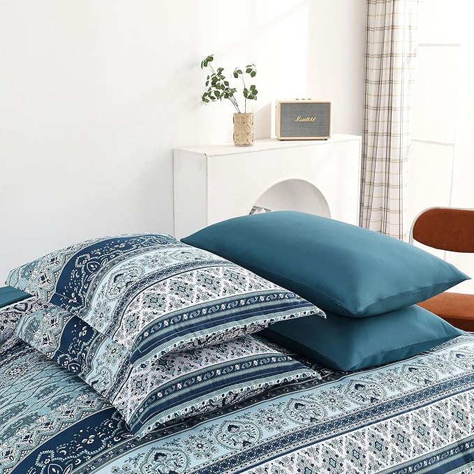 Cottolester Boho Comforter Set California King Size 8 Pieces, Teal Blue Comforter Bohemian Striped Bed in A Bag, Soft Microfiber Bedding Set for All Seasons