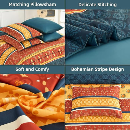 WONGS BEDDING Boho Comforter Set Queen Size,7 Pieces Bed in a Bag Bohemian Striped Bedding Set,Burnt Orange Paisley Floral Comfortet and Sheet Set,Soft Microfiber Bedding Sets for All Season