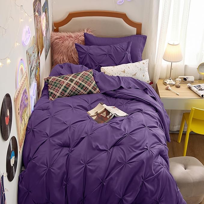 Bedsure Twin XL Comforter Set - Extra Long 5 Pieces Dorm Bedding Sets, GentleSoft™ Pinch Pleat Purple Bed in a Bag with Pintuck Comforter, Sheets, Pillowcase & Sham