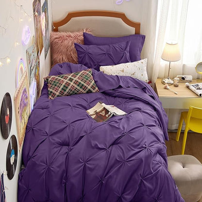 Bedsure Twin XL Comforter Set - Extra Long 5 Pieces Dorm Bedding Sets, GentleSoft™ Pinch Pleat Purple Bed in a Bag with Pintuck Comforter, Sheets, Pillowcase & Sham
