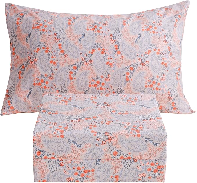 JSD Pink Paisley Floral Sheet Set Twin Size, 3 Piece Soft Printed Microfiber Sheets Extra Deep Pocket