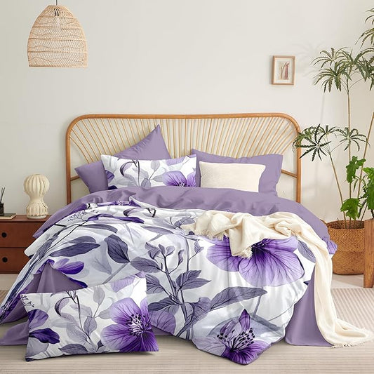 Nayoroom Purple Floral Comforter Set King Size Lavender Blooming Flower Leaf Printed Spring Comforter 3 Pcs Soft Lightweight Cottagecore Bedding Set for All Seasons (1 Comforter, 2 Pillowcases)
