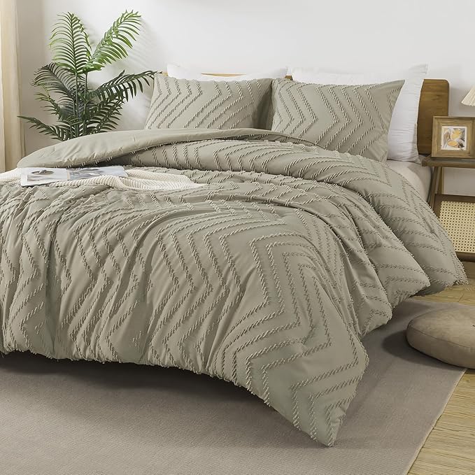 Andency Oatmeal Comforter Set Full Size, Boho Soft Warm Tufted Bedding Comforter Sets for Full Size Bed, 3 Pieces Aesthetic Chevron Farmhouse Cute Bohemian Textured Bed Set