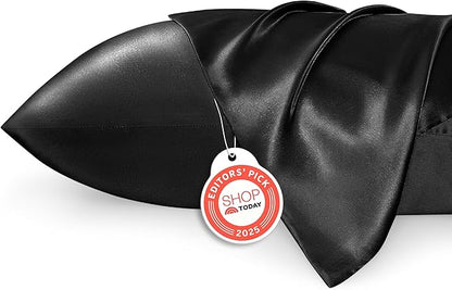 Bedsure Satin Pillowcase for Hair and Skin Queen - Black Silky Pillowcase 2 Pack with Envelope Closure, Similar to Silk Pillow Cases, Gifts for Women Men, 20x30 Inches, 2pcs
