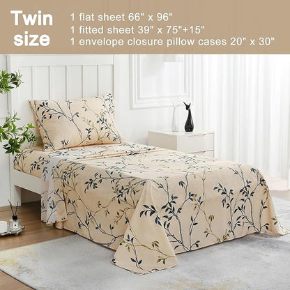 JSD Beige Leaves Print Sheet Set Twin Size, 3 Piece Soft Botanical Microfiber Sheets Extra Deep Pocket