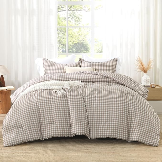 Andency Tan Gingham Comforter Set Full(79x90Inch), Brown Checkered Grid Plaid Buffalo Bed Set for Girls Boys Kids Teens, 3 Pieces Lightweight Polyester Geometric Preppy Bedding
